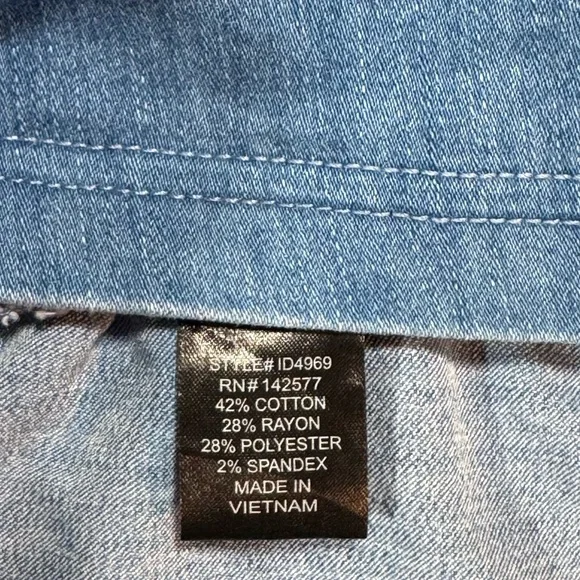 Iris Rouched Stretchy Med Blue Denim Dress On or Off Shoulder Size Large - Picture 8 of 9